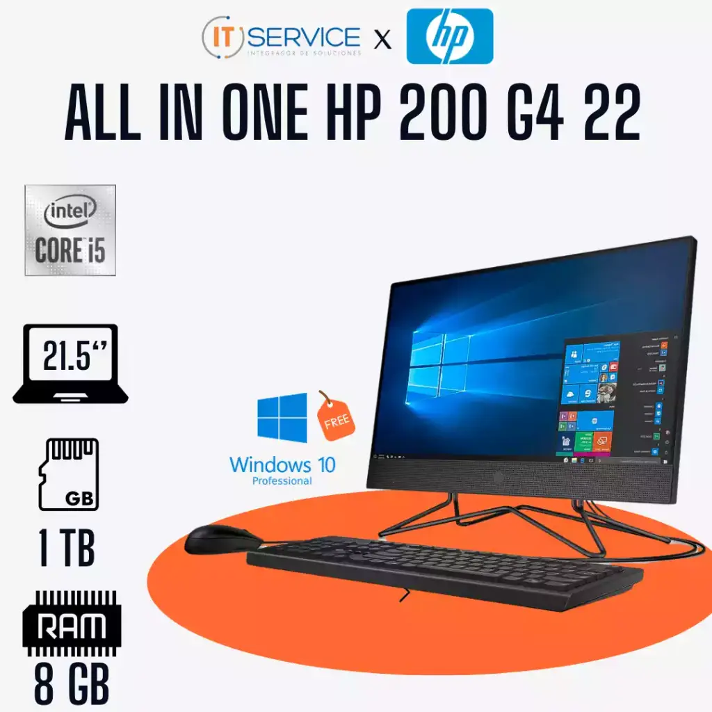 ALL IN ONE HP 200 G4 22, 21.5", Intel Core I5-10210U 1.60Ghz 8Gb Ddr4, 1Tb Sata - Free