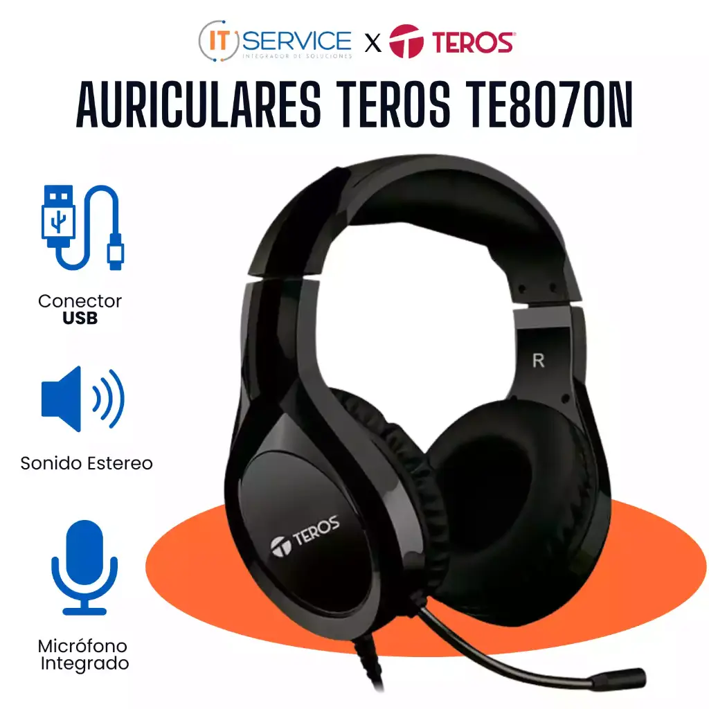 Auriculares TEROS TE8070N, Micrófono, Conector USB, Negro.