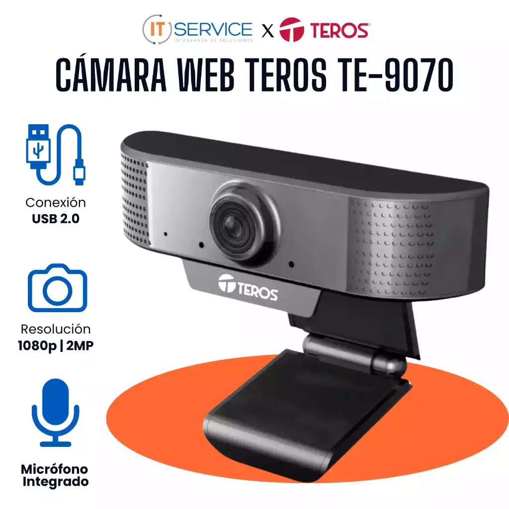 Cámara web Teros TE-9070, hasta 1080p 2MP, micrófono incorporado, USB 2.0. 