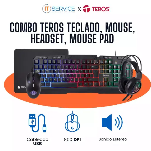 [TE-4060N] [TE-4060N] Combo Teros Te-4060N, Teclado Multimedia, Mouse, Headset, Mouse Pad