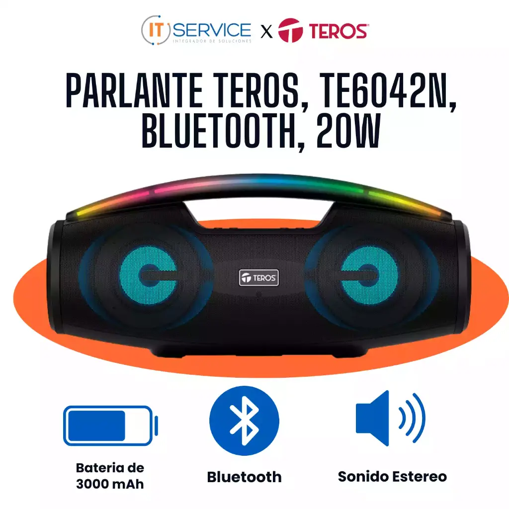 Parlante Teros, TE6042N, Bluetooth, 20W (2x10W), 3000mAh, Negro