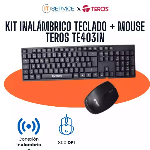 [TE-4031N] Kit Inalámbrico Teclado + Mouse Teros TE4031N, 2.4Ghz, Receptor Nano Usb, Negro.