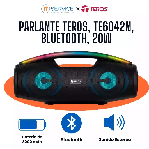 [TE-6042N] [TE-6042N] Parlante Teros, TE-6042N, Bluetooth, 20W (2x10W), 3000mAh, Negro