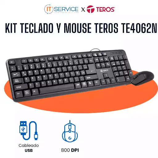 [TE-4062N] Kit Teclado y Mouse Teros TE4062N, USB, acabado elegante, Negro, Español, Óptico. 